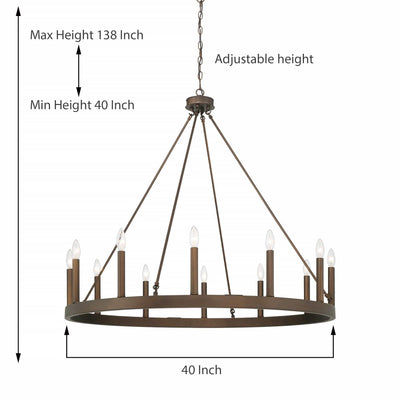 Lustre Acroma Farmhouse à 12 lumières, 40 po, en forme de roue de chariot, certifié UL - 40 po P x 138 po H