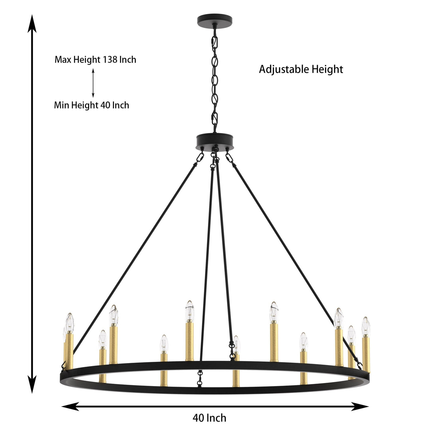 Lustre Acroma Farmhouse à 12 lumières, 40 po, en forme de roue de chariot, certifié UL - 40 po P x 138 po H