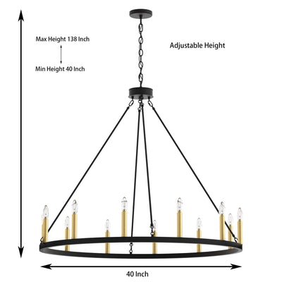 Lustre Acroma Farmhouse à 12 lumières, 40 po, en forme de roue de chariot, certifié UL - 40 po P x 138 po H
