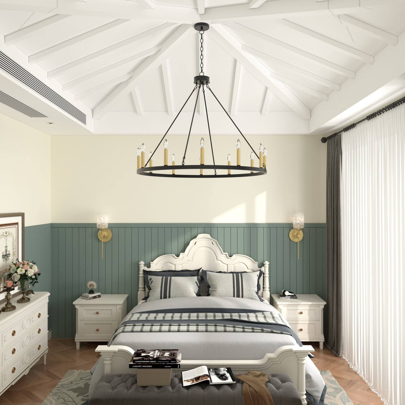 Lustre Acroma Farmhouse à 12 lumières, 40 po, en forme de roue de chariot, certifié UL - 40 po P x 138 po H