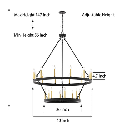 Lustre rond en forme de roue de chariot de style ferme moderne Acroma à 20 lumières de 40 po avec UL
