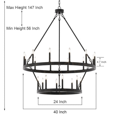 Lustre rond en forme de roue de chariot de style ferme moderne Acroma à 20 lumières de 40 po avec UL
