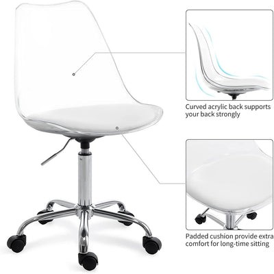 Chaise de bureau pivotante en acrylique à hauteur réglable sans accoudoirs