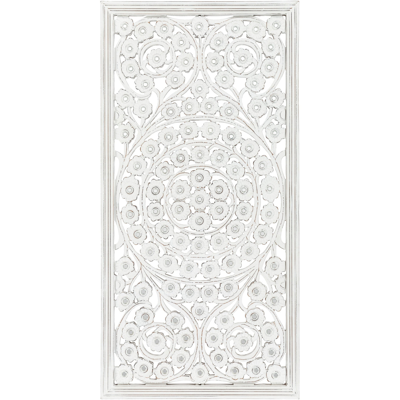 Panneau mural Allen blanc lavé sculpté à la main 48 x 28 pouces avec incrustation de miroir