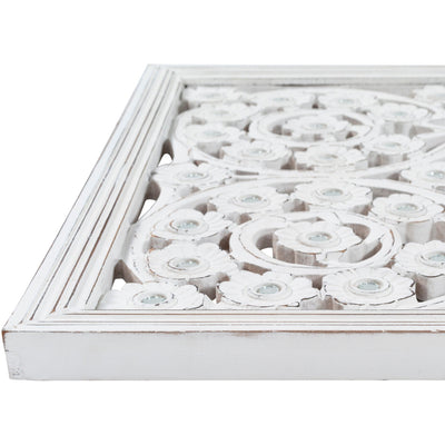 Panneau mural Allen blanc lavé sculpté à la main 48 x 28 pouces avec incrustation de miroir