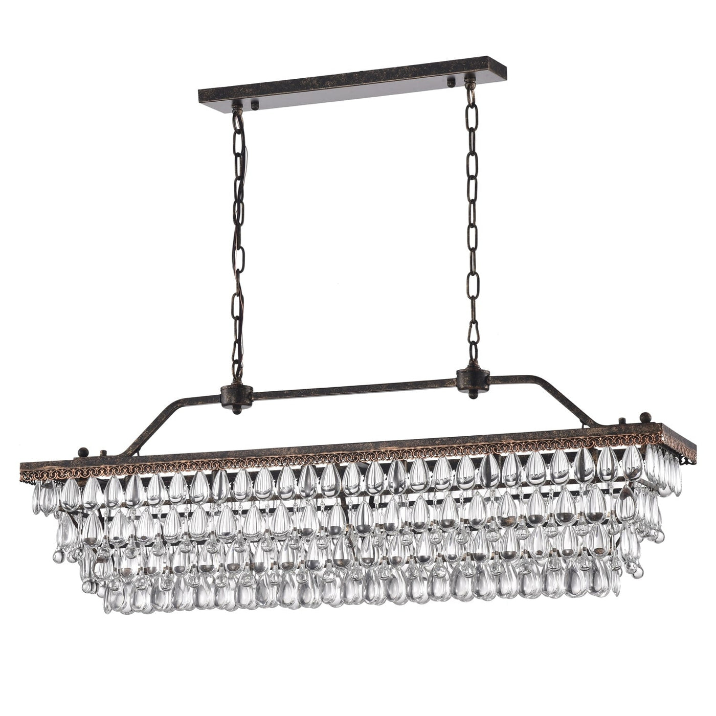 Éclairage rectangulaire pour îlot de cuisine en bronze antique à 6 lumières avec suspension en cristal - Bronze antique