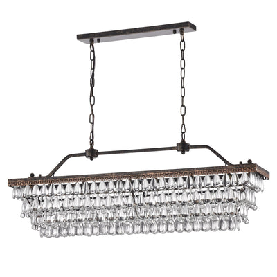 Éclairage rectangulaire pour îlot de cuisine en bronze antique à 6 lumières avec suspension en cristal - Bronze antique
