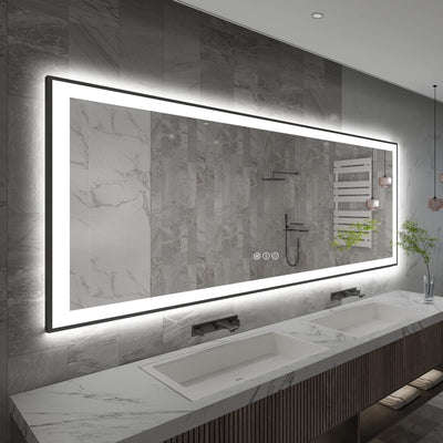 Miroir de salle de bain mural avec cadre en verre trempé antibuée et éclairage LED avant et arrière pleine grandeur