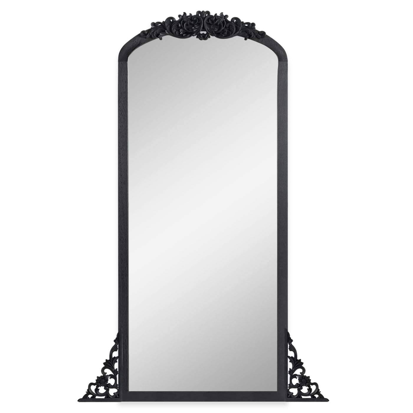 Miroir de sol sculpté en bois massif de forme arquée sur toute la longueur