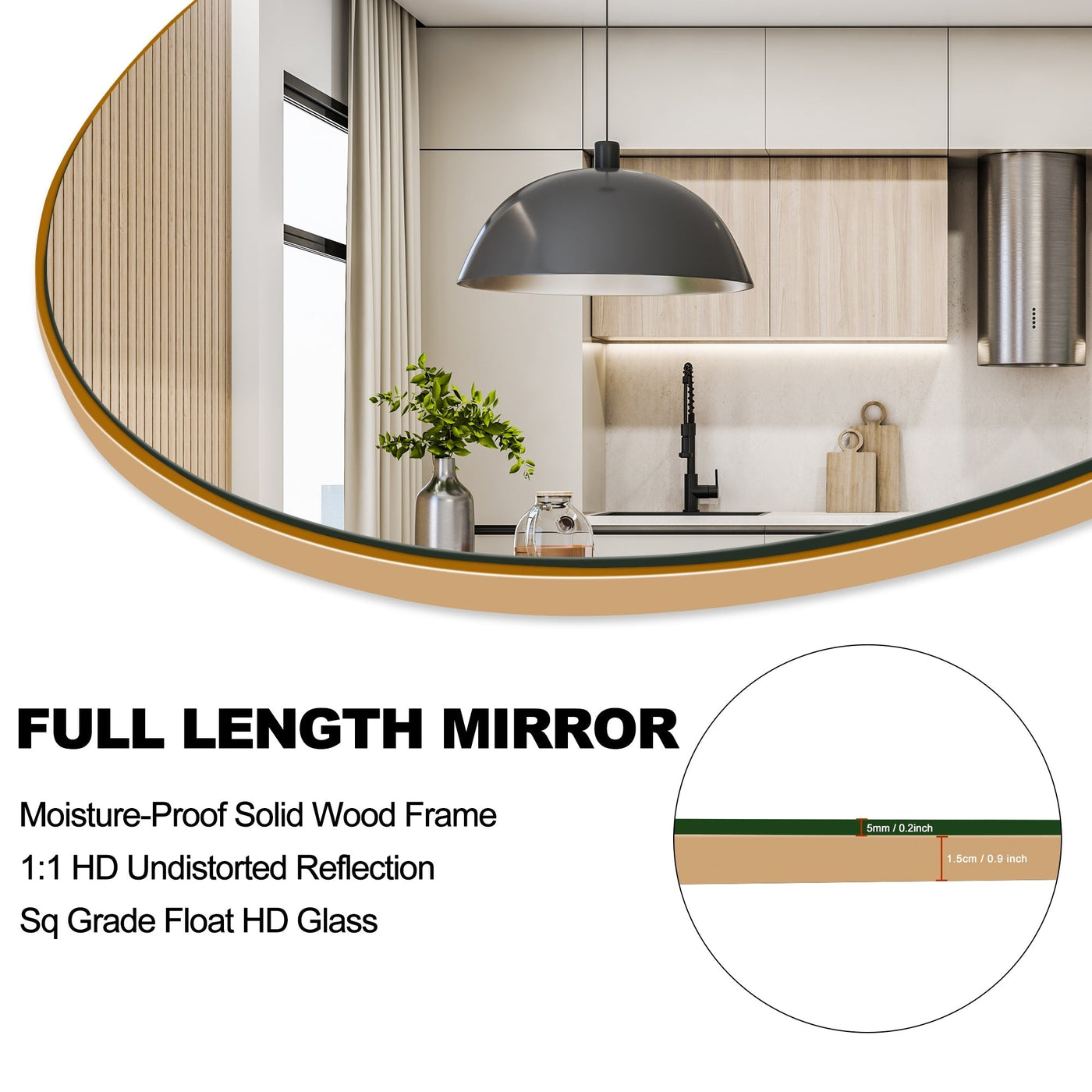 Miroir de sol en bois arqué pleine longueur, miroir mural
