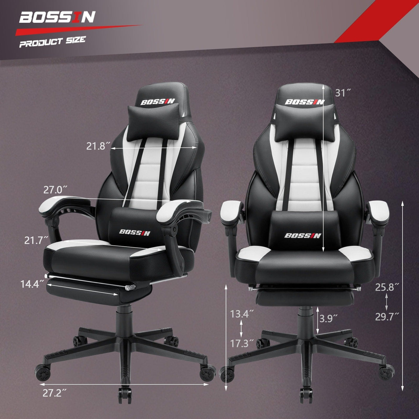 Chaise de jeu de style course BOSSIN, chaise de jeu grande et grande de 300 lb, chaise d'ordinateur à dossier haut