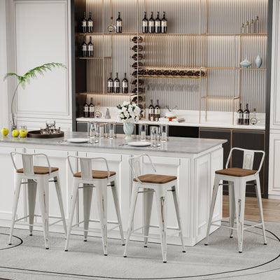 Lot de 4 tabourets de bar industriels en métal avec dossier et assise en bois