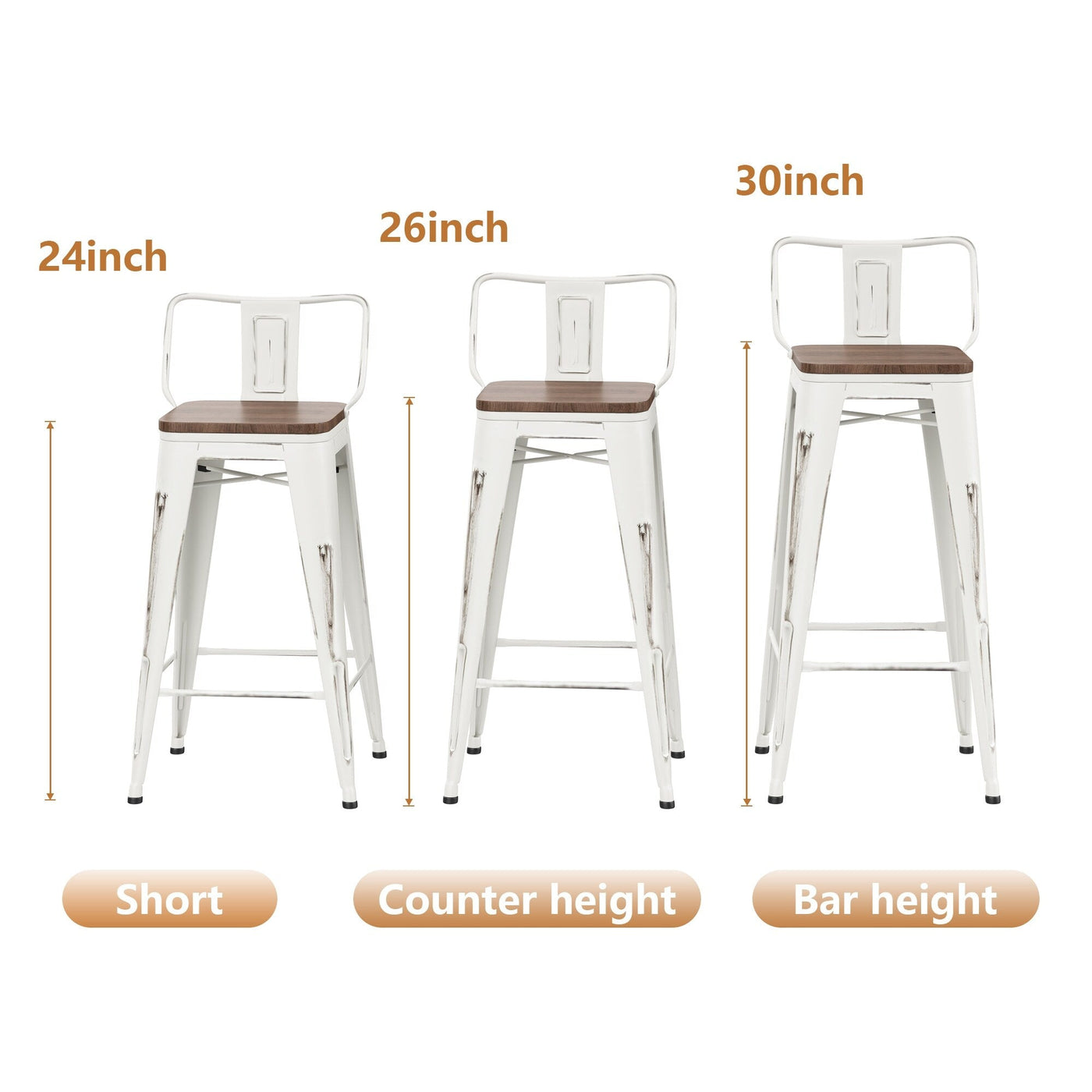 Lot de 4 tabourets de bar industriels en métal avec dossier et assise en bois