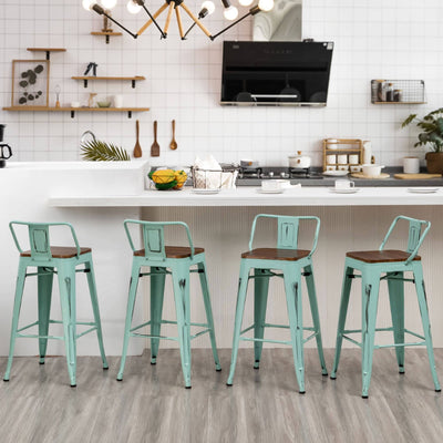 Lot de 4 tabourets de bar industriels en métal avec dossier et assise en bois