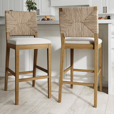 Tabouret de bar Beacon Bohemian Boucle, chaise de comptoir rembourrée avec cadre en bois massif et dossier en jonc de mer tressé
