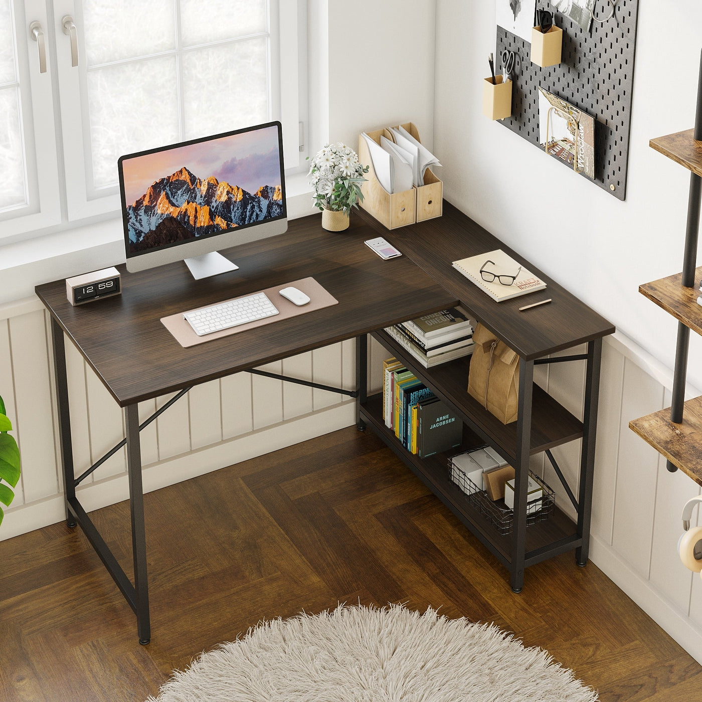 Petit bureau en L avec étagères de rangement Bureau d'ordinateur d'angle