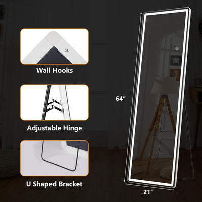 Miroir de sol avec éclairage LED, miroir pleine longueur 64 x 21 avec support, miroir suspendu, miroir mural, miroir intégral