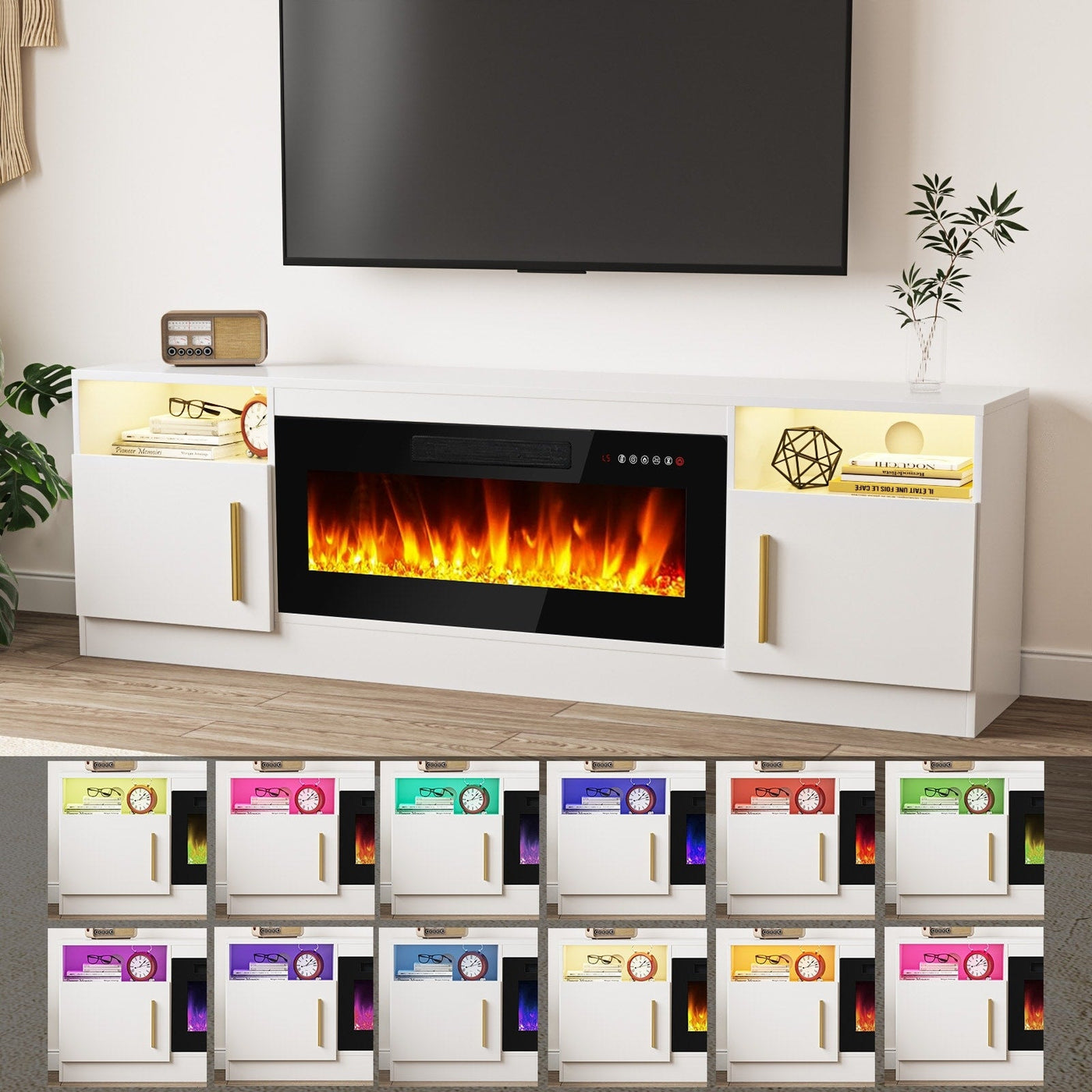 Meuble TV Bossin 70 avec cheminée électrique de 36 pouces, meuble TV pour téléviseurs jusqu'à 80 pouces, éclairage LED 16 couleurs/centre de divertissement