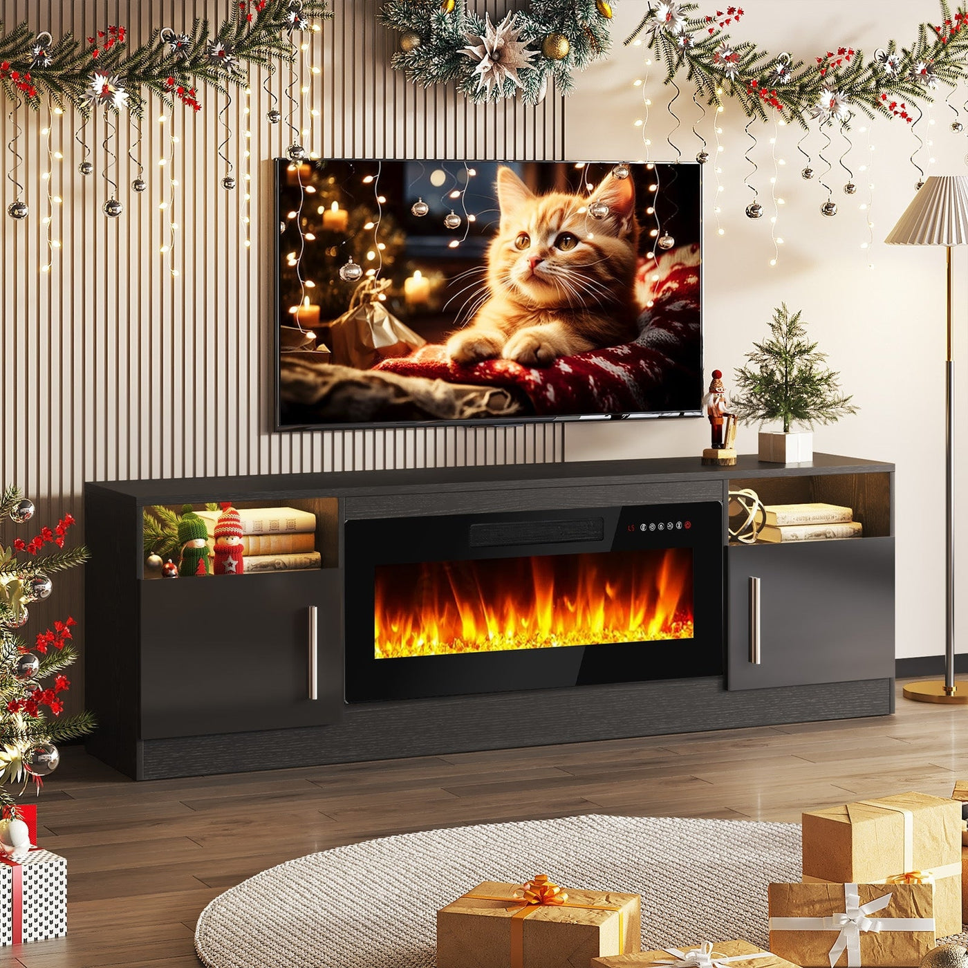 Meuble TV Bossin 70 avec cheminée électrique de 36 pouces, meuble TV pour téléviseurs jusqu'à 80 pouces, éclairage LED 16 couleurs/centre de divertissement