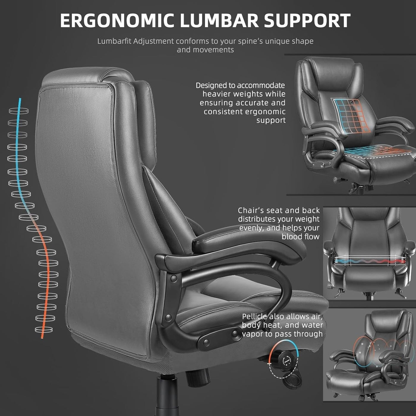 Chaise de bureau exécutive Bossin Big and Tall, chaise ergonomique à support lombaire réglable de 500 lb avec dossier haut en cuir PU pour ordinateur