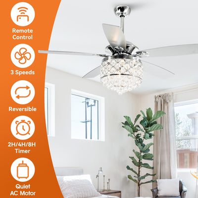 Lustre/ventilateur de plafond à 4 lumières en chrome/cristal avec télécommande