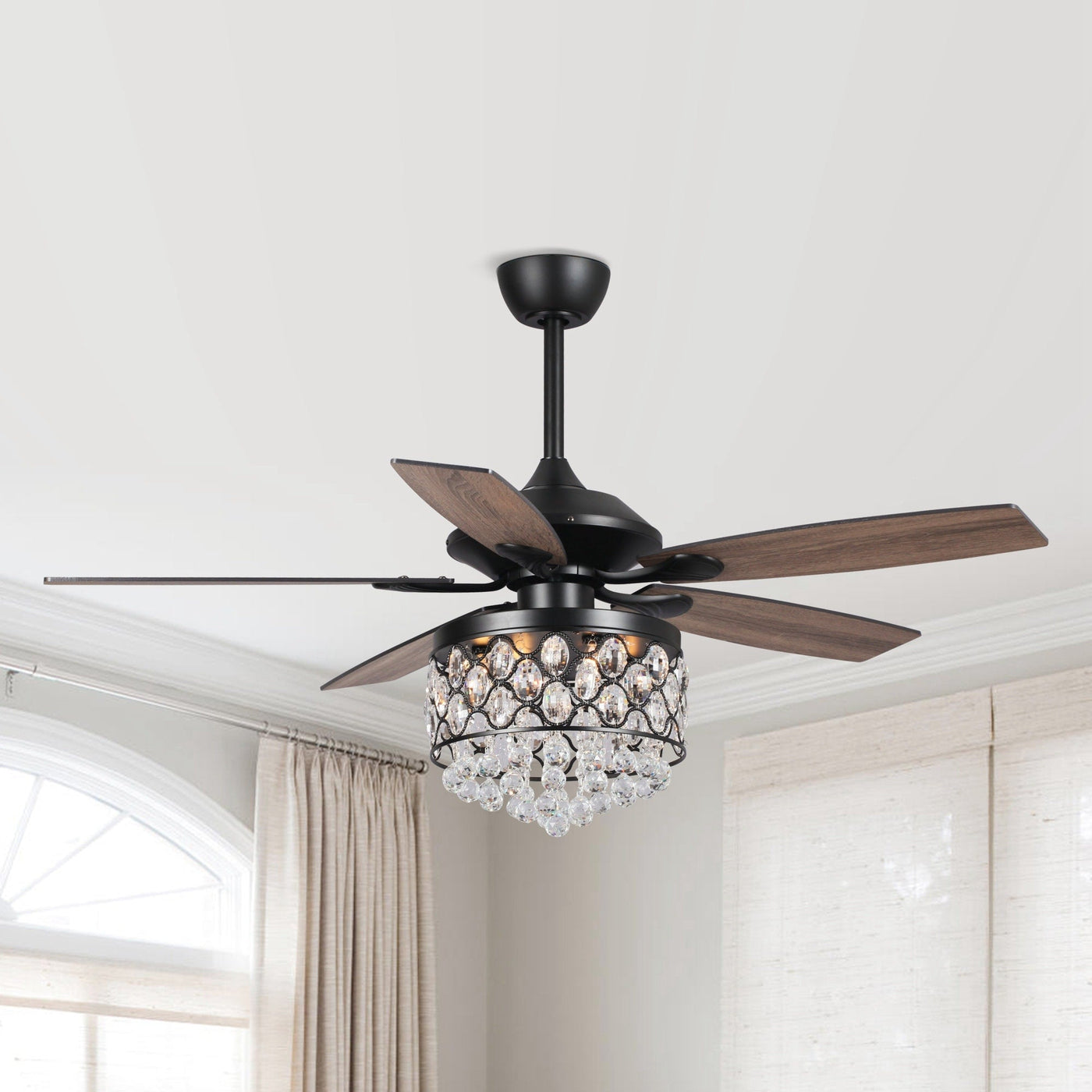 Lustre/ventilateur de plafond à 4 lumières en chrome/cristal avec télécommande