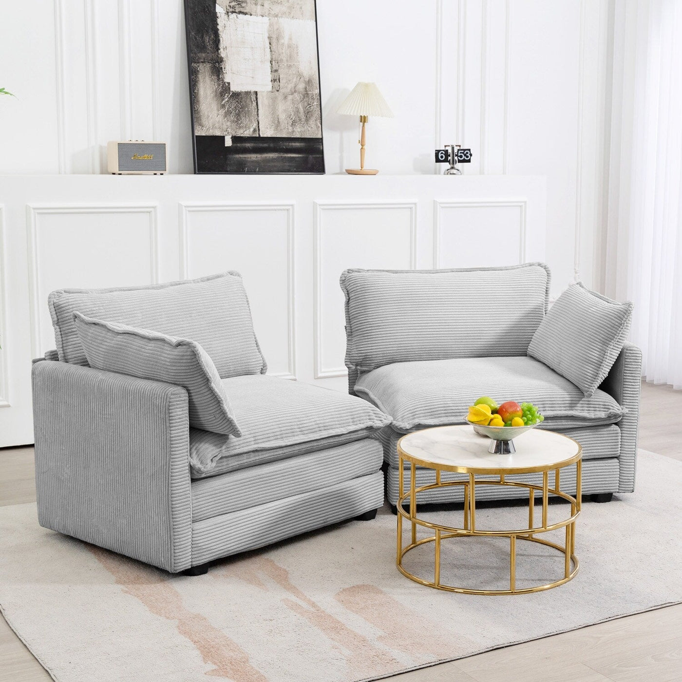 Canapé sectionnel en velours côtelé avec poufs amovibles et coussins ultra-doux pour salon et chambre