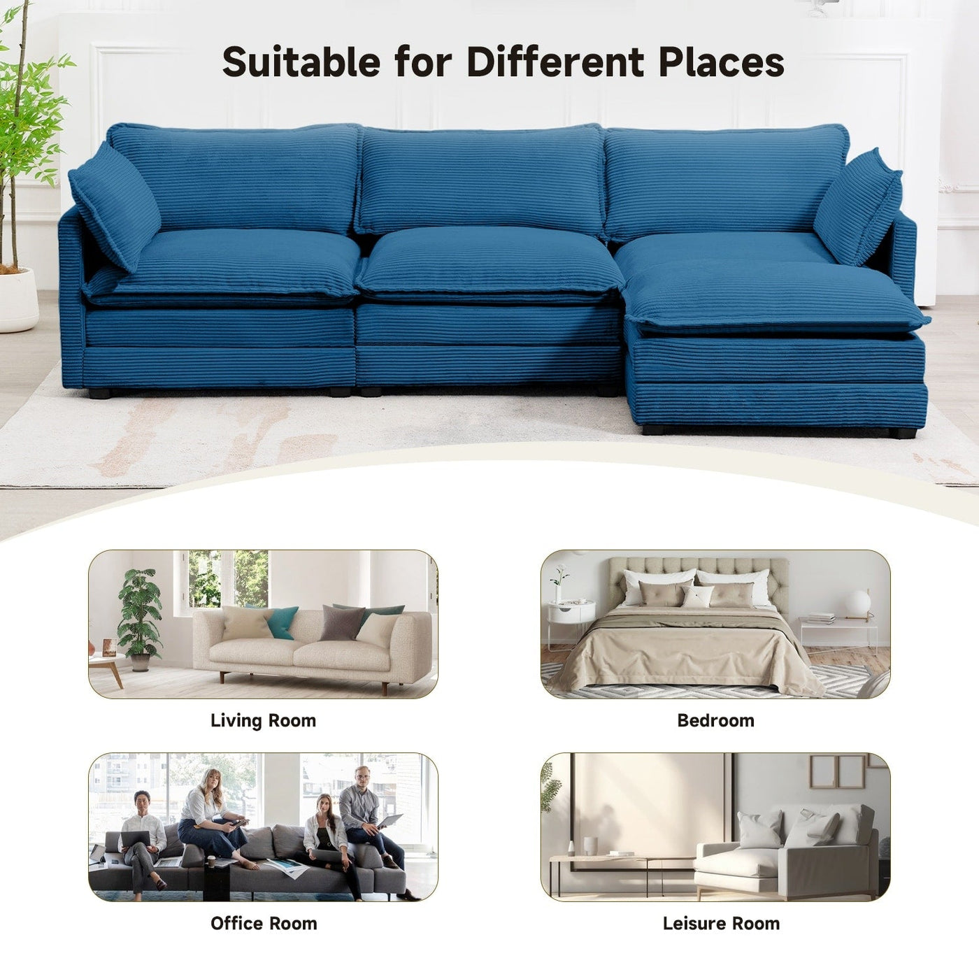 Canapé sectionnel en velours côtelé avec poufs amovibles et coussins ultra-doux pour salon et chambre