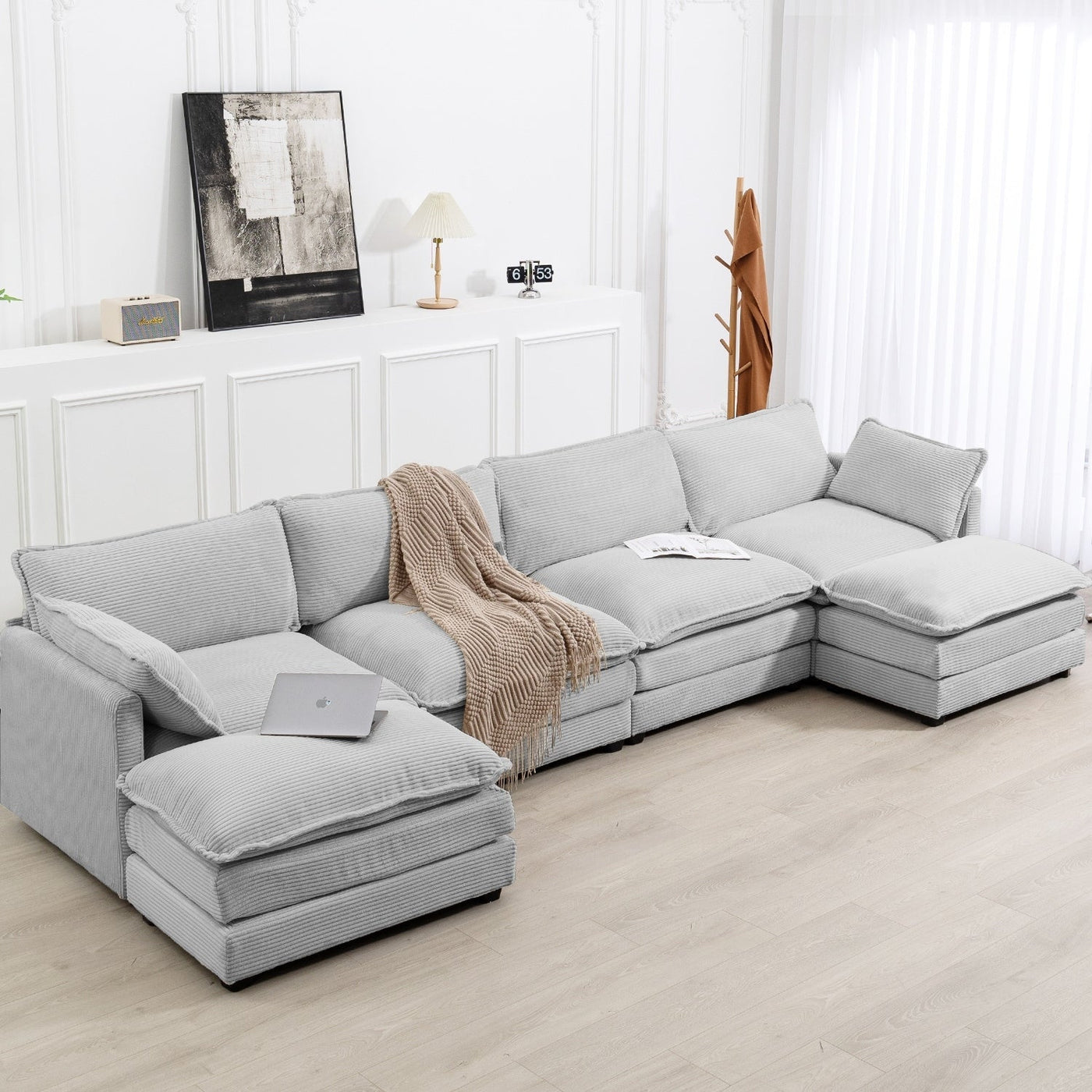 Canapé sectionnel en velours côtelé avec poufs amovibles et coussins ultra-doux pour salon et chambre