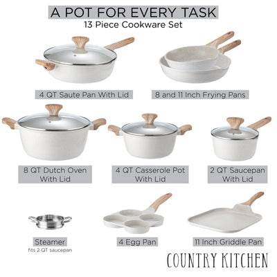 Batterie de cuisine à induction Country Kitchen 13 pièces, casseroles et poêles en fonte d'aluminium avec poignées en bakélite