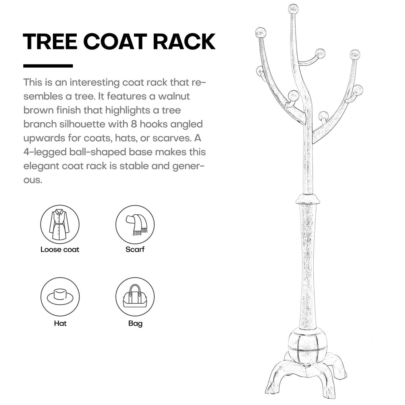Porte-manteau autoportant en bois d'hévéa avec 8 crochets - 24,5 L x 70,87 H