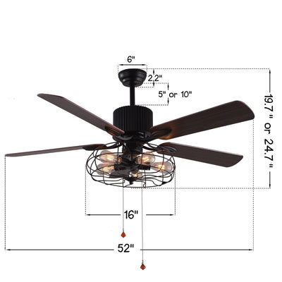 Ventilateur de plafond industriel CurveCurio Farmhouse noir à 5 lumières avec éclairage, télécommande et chaîne de traction 42-48-52 pouces