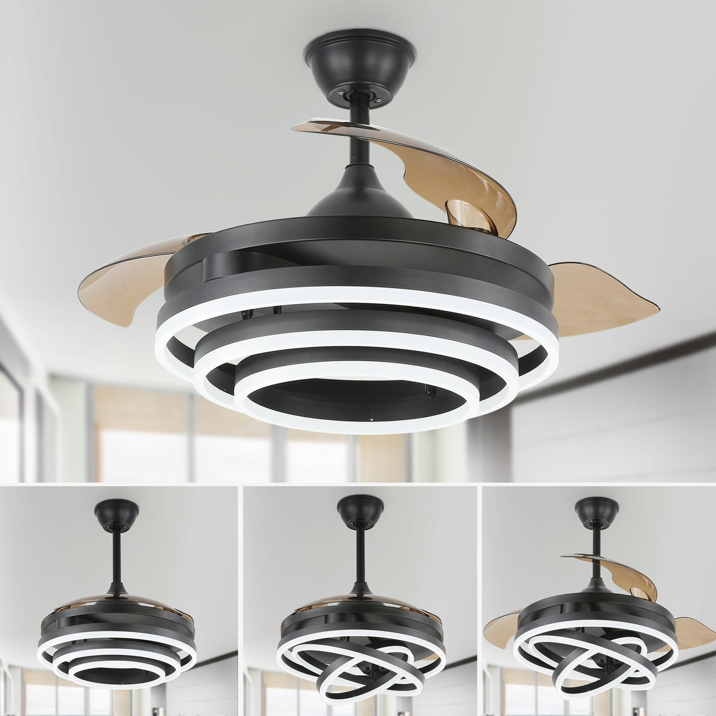 Ventilateur de plafond rétractable Cusp Barn 42 avec lumières et télécommande DIY Forme Fandelier Moderne Silencieux Moteur CC Plafonnier LED