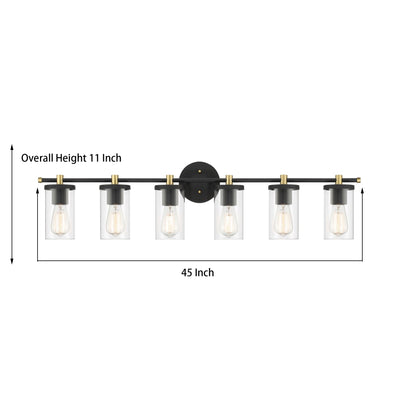 Applique murale de salle de bain Decatur à 6 lumières, style ferme moderne, noir/doré, certifiée UL