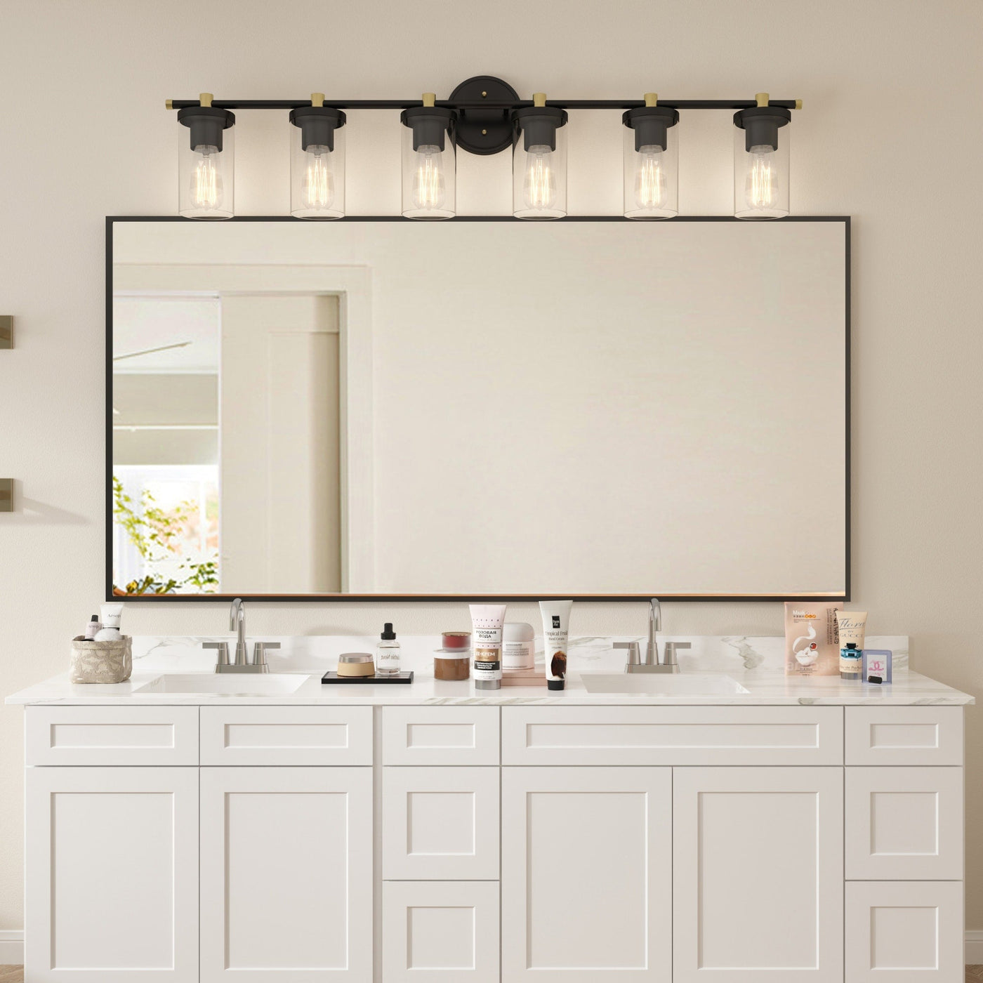 Applique murale de salle de bain Decatur à 6 lumières, style ferme moderne, noir/doré, certifiée UL