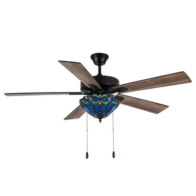 Ventilateur de plafond télécommandé à 3 lumières, 52 pouces, bronze huilé et vitrail, Della River of Goods