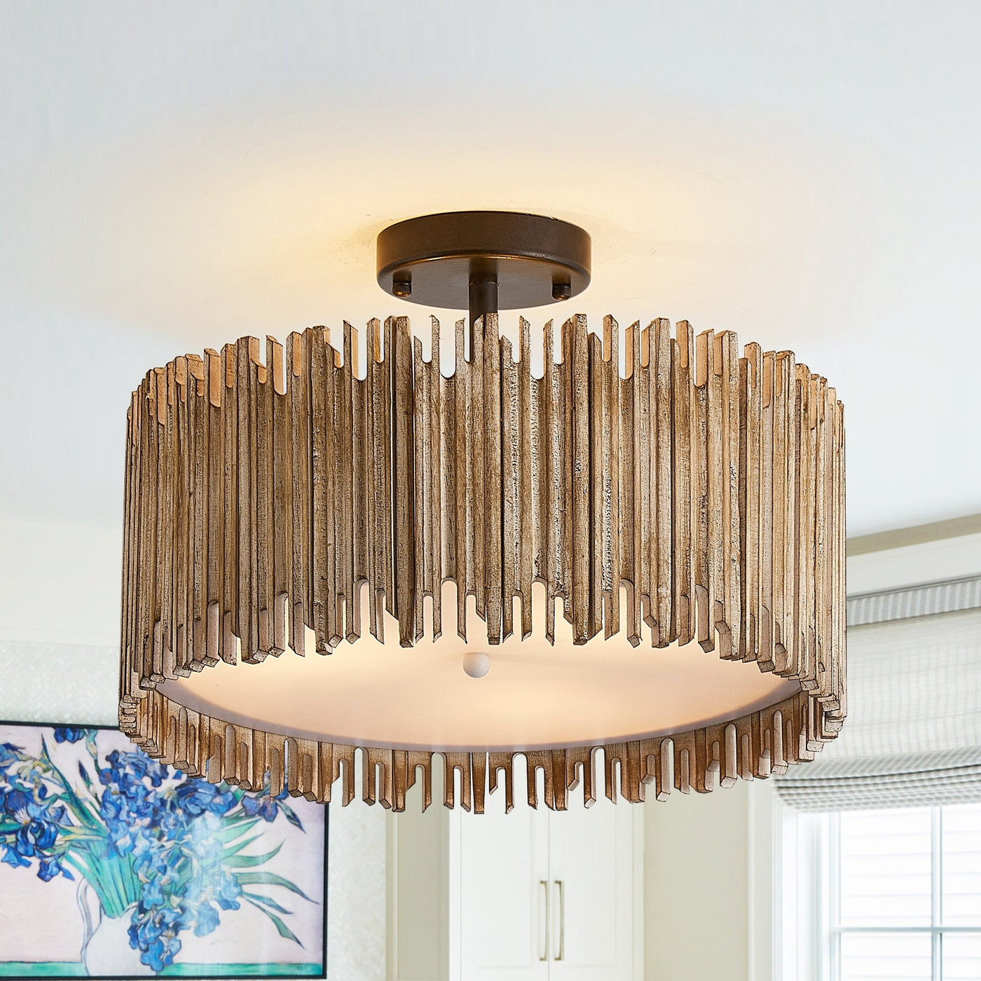 Plafonnier semi-encastré à 3 lumières en bois blanc vieilli