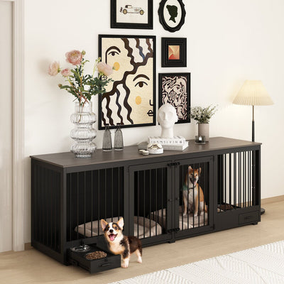 Meubles pour cage à chien - Niche en bois avec séparateur de pièce et 2 tiroirs