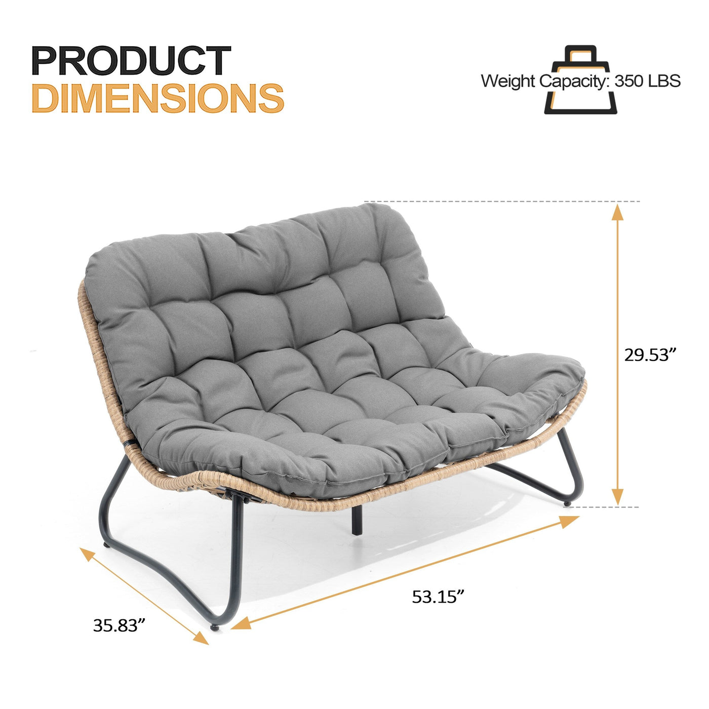 Fauteuil Papasan double avec coussin, rotin PE toutes saisons et cadre en métal pour intérieur et extérieur