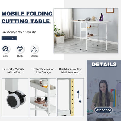 Table de bricolage réglable en hauteur avec étagères de rangement, table de découpe pliante mobile pour la maison, le bureau, la salle de couture, la salle d'artisanat