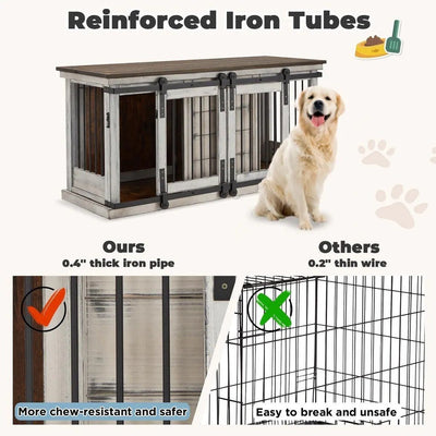 Cage pour chien en bois massif EROMMY, niche d'intérieur avec porte coulissante et meuble TV, niche chic en bois, cage élégante pour chien