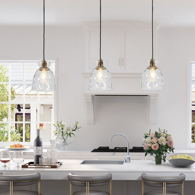 Suspension moderne du milieu du siècle Elisie à 1 ampoule en verre martelé avec dôme en cascade pour cuisine, îlot de cuisine, salle à manger