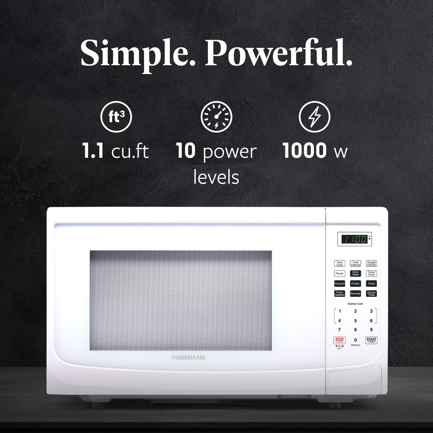 Four à micro-ondes de comptoir Farberware de 1 000 W et 1,1 pi³ avec éclairage LED et verrouillage enfant