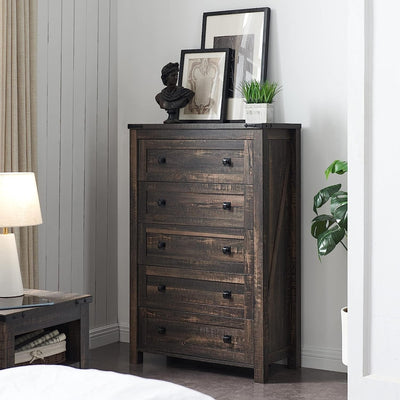 Commode haute en bois à 5 tiroirs de style ferme, commode pour chambre à coucher