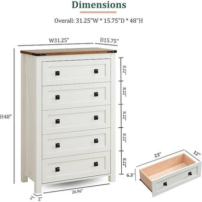 Commode haute en bois à 5 tiroirs de style ferme, commode pour chambre à coucher