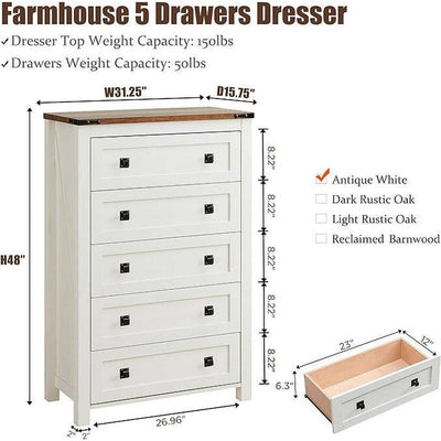 Commode haute en bois à 5 tiroirs de style ferme, commode pour chambre à coucher