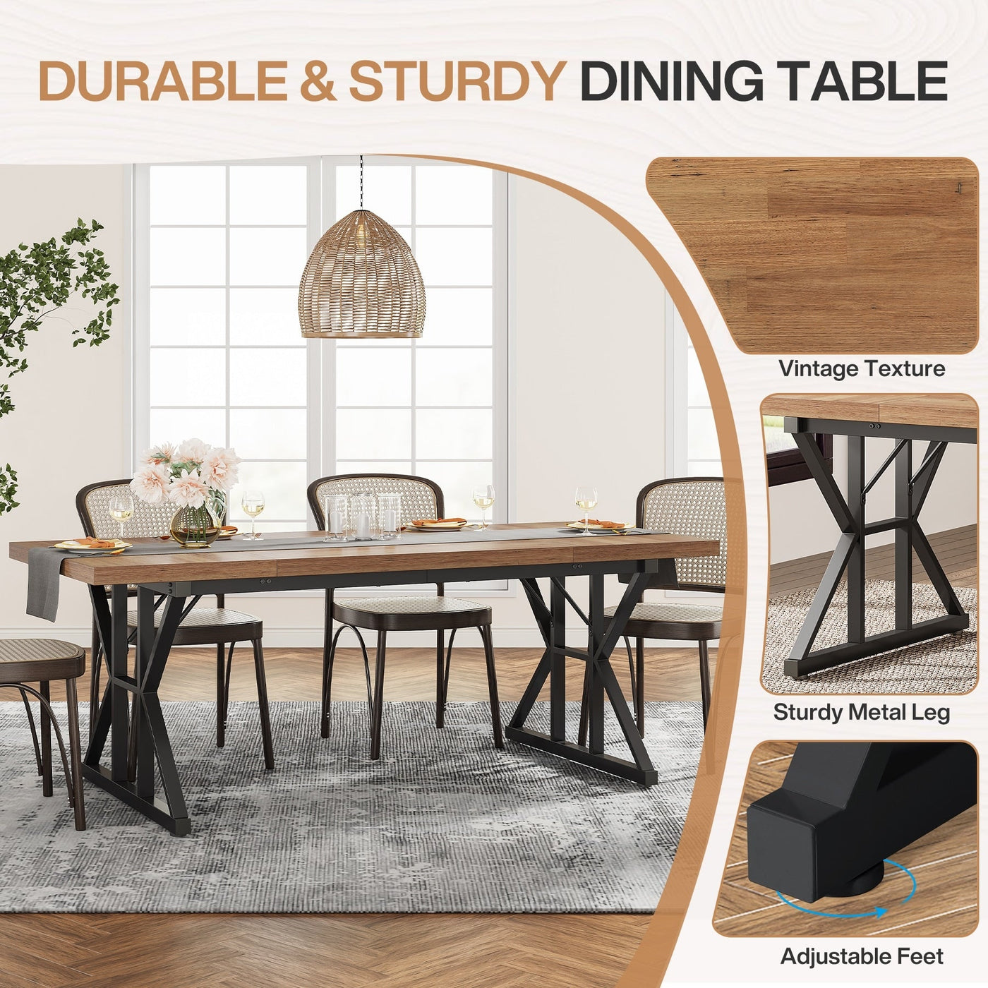 Table à manger de style ferme pour 6 personnes, table de cuisine rectangulaire en bois de 70,8 pouces