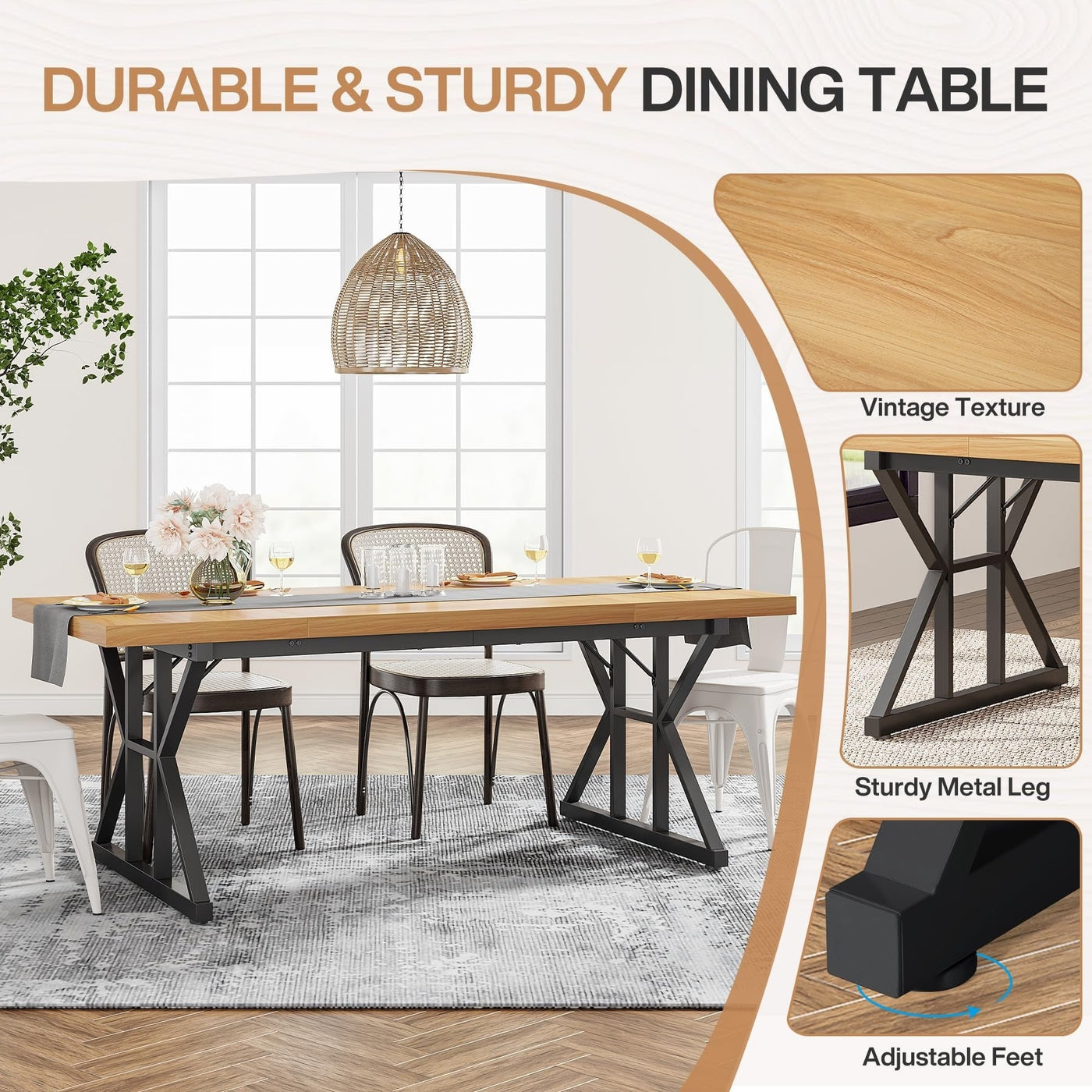 Table à manger de style ferme pour 6 personnes, table de cuisine rectangulaire en bois de 70,8 pouces