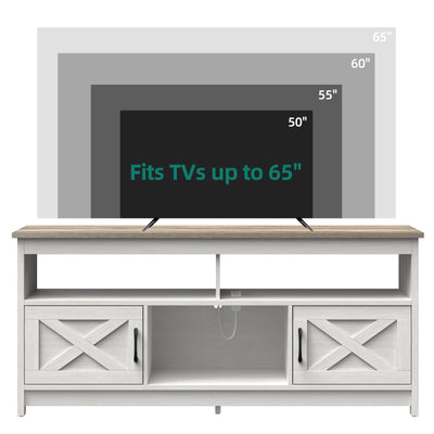 Meuble TV Farmhouse pouvant accueillir jusqu'à 65 téléviseurs avec portes et étagères ouvertes Console multimédia Prise de courant