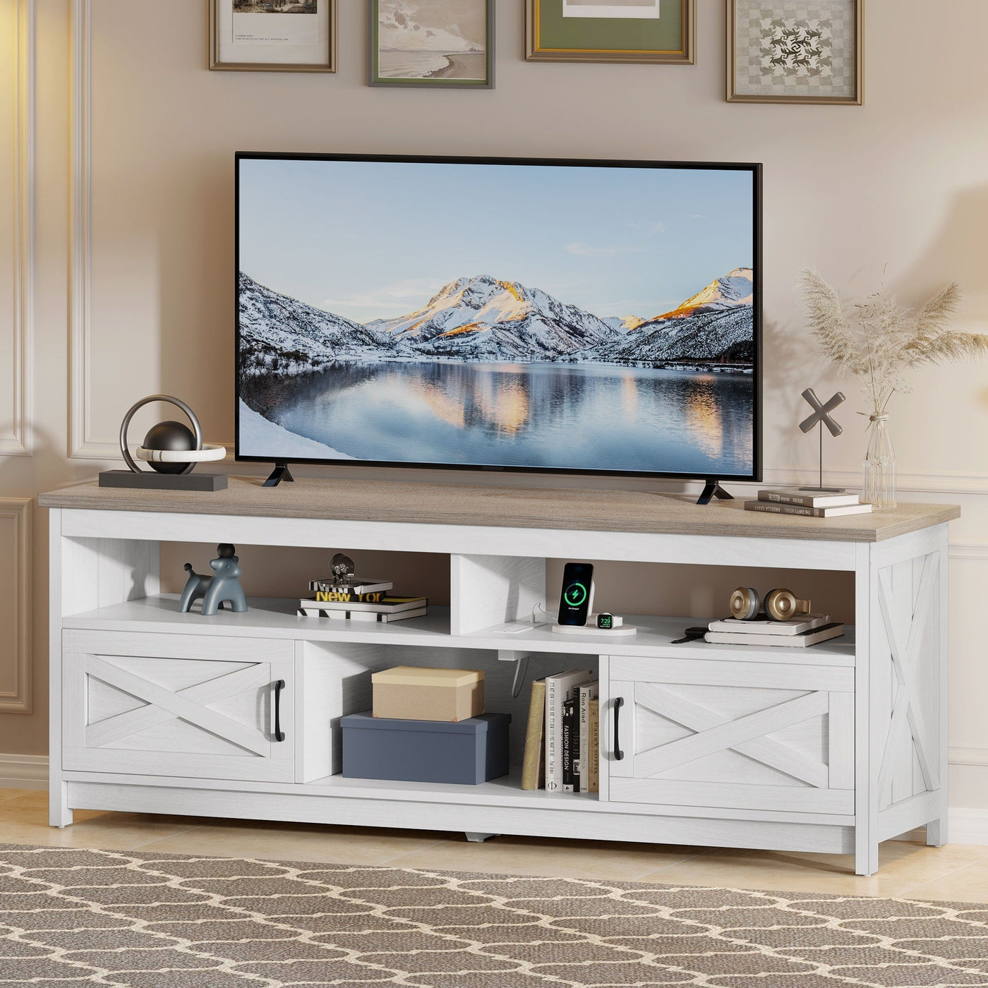 Meuble TV Farmhouse pouvant accueillir jusqu'à 65 téléviseurs avec portes et étagères ouvertes Console multimédia Prise de courant